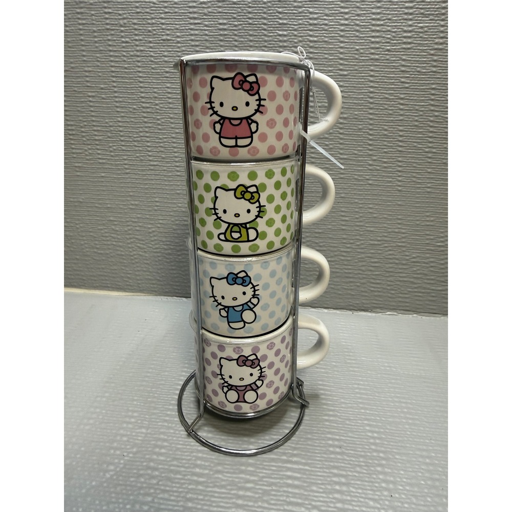 Hello Kitty Sanrio Ceramic Stacking 3 oz Mug Set of 4 with Metal Rack